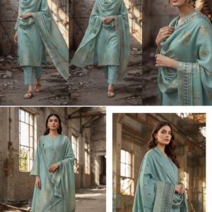 Dusty Aqua Green Printed 3-Piece Suit JACQUARD Original