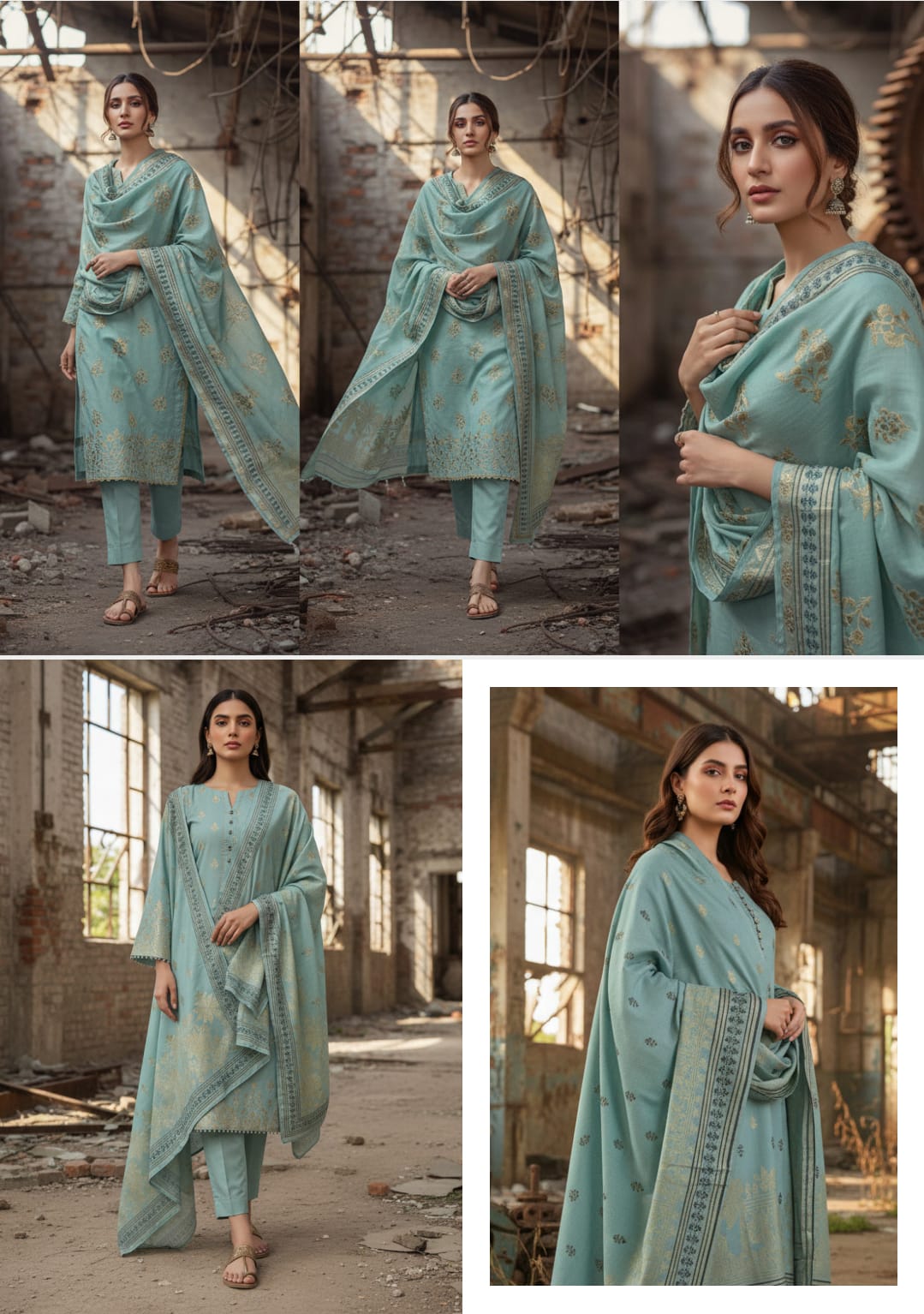 Dusty Aqua Green Printed 3-Piece Suit JACQUARD Original